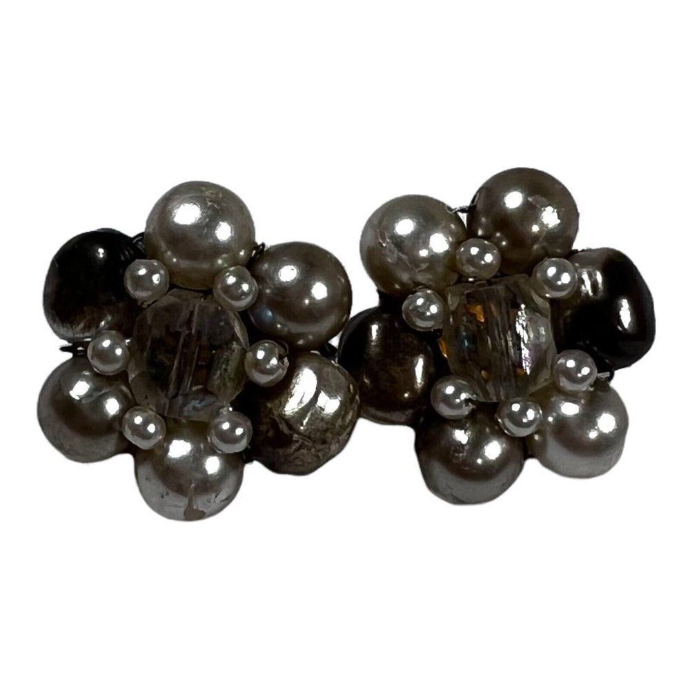 Vintage Clip On Earrings White Beaded Flower Made In Japan Women Costume Jewelry